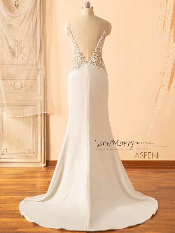 ASPEN / Deep Plunge Beaded Wedding Dress with Plain Fitted Skirt