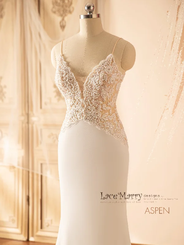 ASPEN / Deep Plunge Beaded Wedding Dress with Plain Fitted Skirt