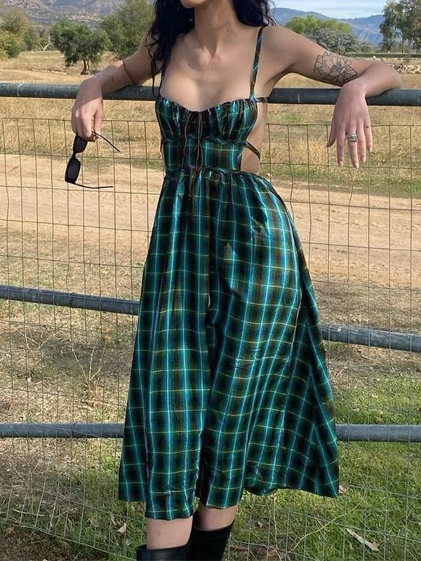 BerryBetty - Backless Green Checkered Maxi Dress