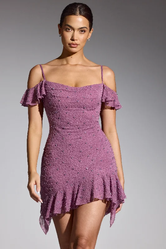 Embellished Cold Shoulder Mini Dress in Grape