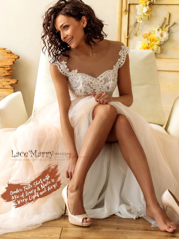 Charming Boho Wedding Dress with Pearl Beaded Illusion Neckline