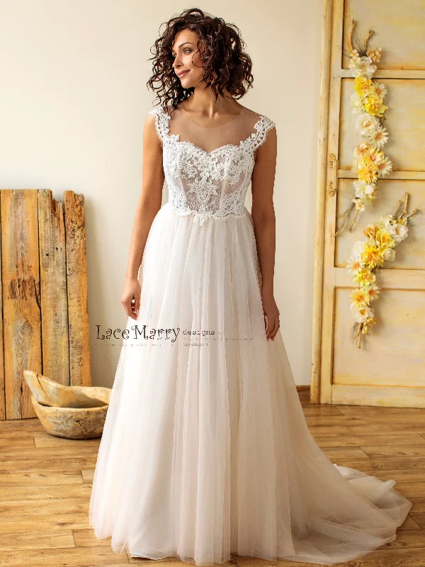 Charming Boho Wedding Dress with Pearl Beaded Illusion Neckline