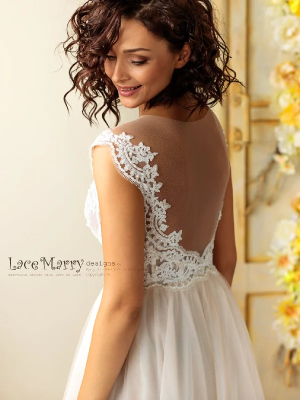 Charming Boho Wedding Dress with Pearl Beaded Illusion Neckline