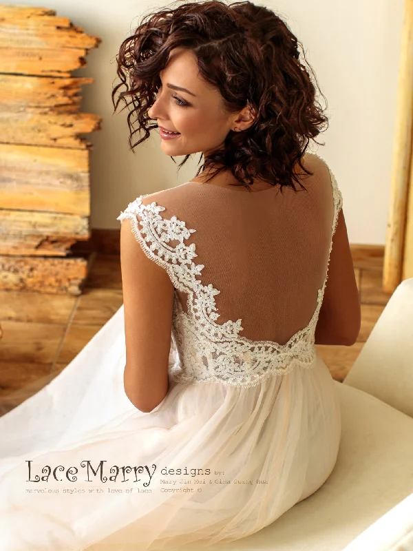 Charming Boho Wedding Dress with Pearl Beaded Illusion Neckline