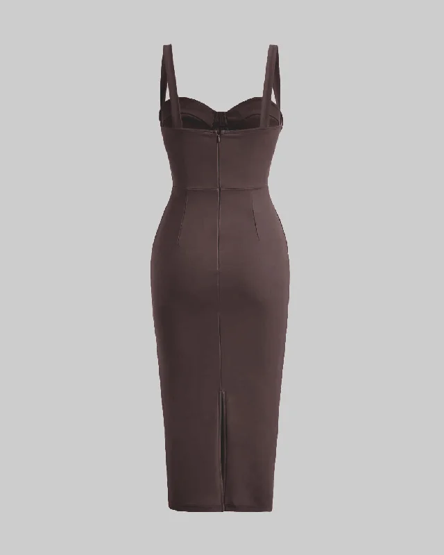 Cocktail Style Corset Detail Bodycon One Piece Dress In Latte Tone In Dark Brown