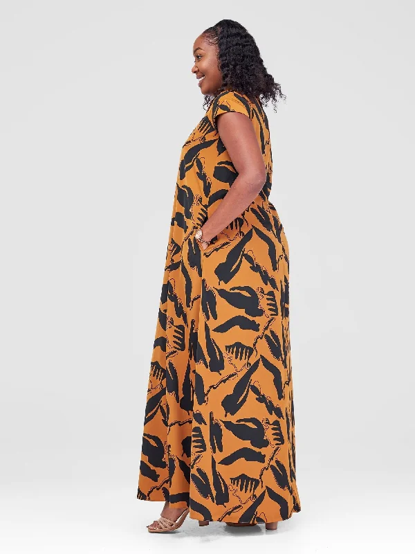 Vivo Zuri Cap Sleeved Maxi Dress - Sudan / Black Meki Print