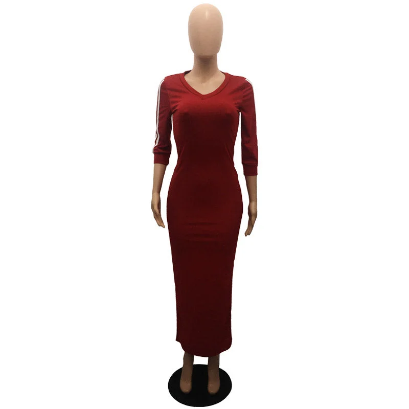 Fast Shipping NO MOQ Casual Half Sleeve Split V-neck Maxi Sweater Dress For Women in High Quality