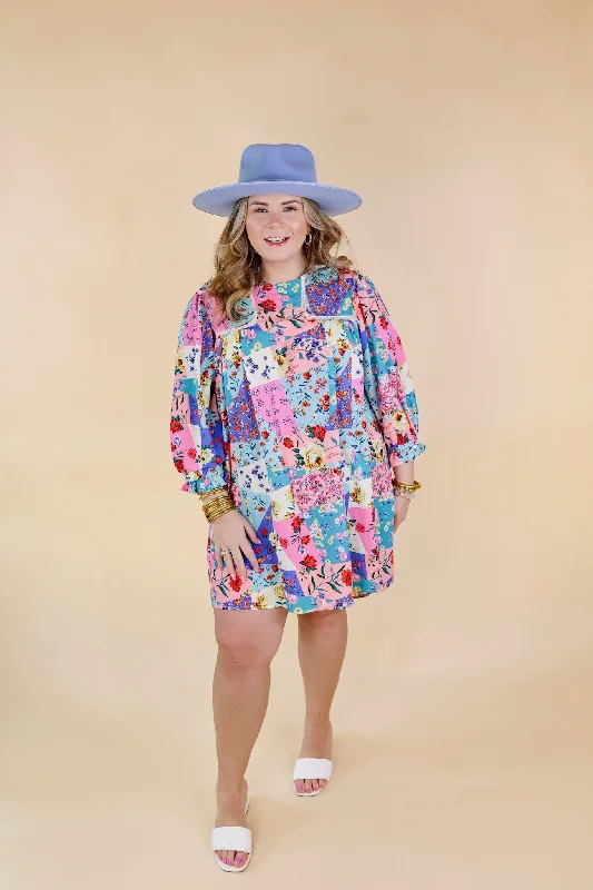 Floral Paradise Floral Patch Pattern Dress in Blue and Pink