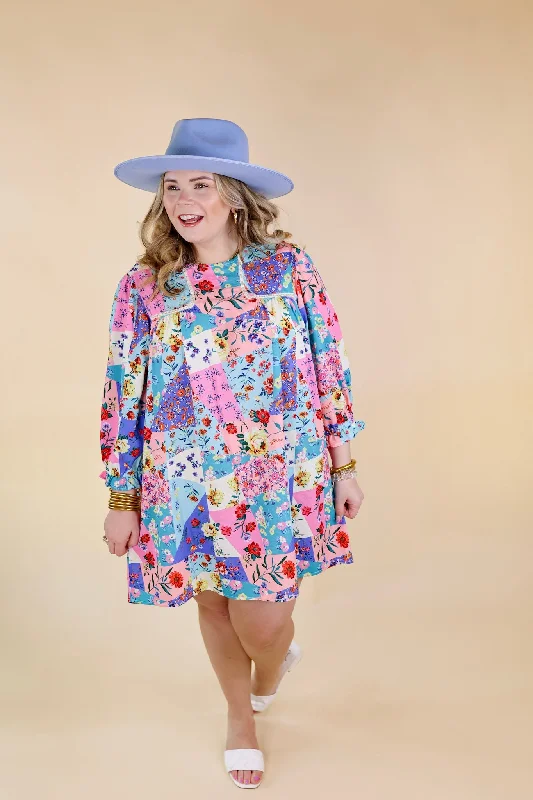 Floral Paradise Floral Patch Pattern Dress in Blue and Pink