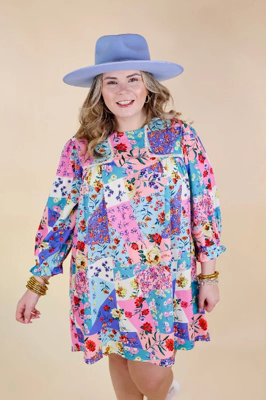 Floral Paradise Floral Patch Pattern Dress in Blue and Pink