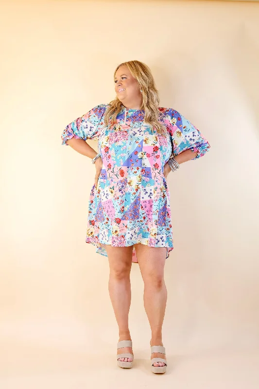 Floral Paradise Floral Patch Pattern Dress in Blue and Pink