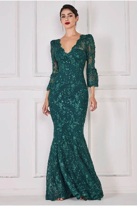 Goddiva Scalloped Lace Maxi Dress - Emerald Green