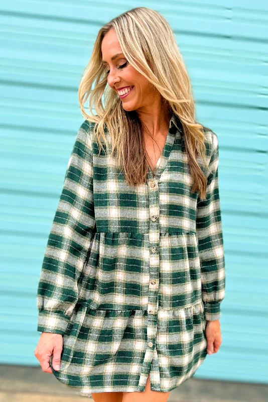 Green Plaid Drop Waist Button Down Dress