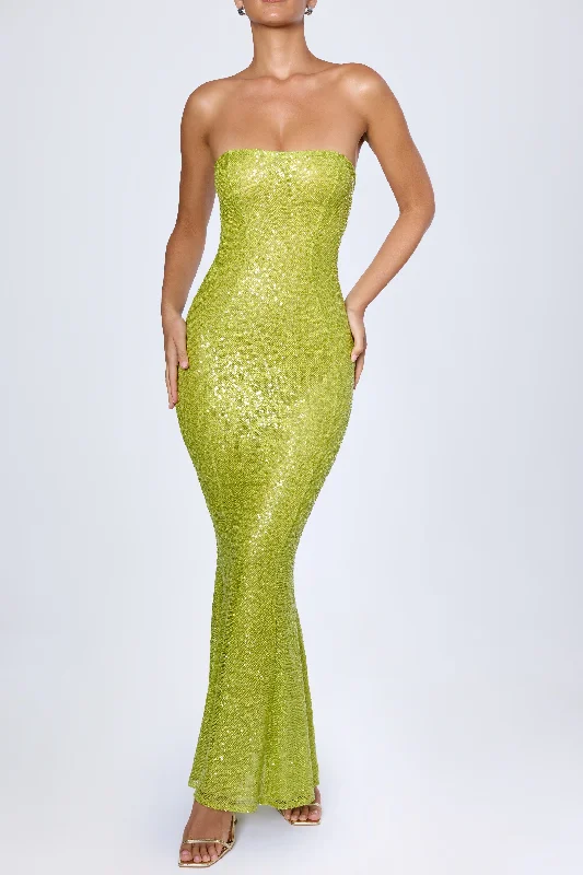 Embellished Cut-Out Bandeau Maxi Dress in Pear Green