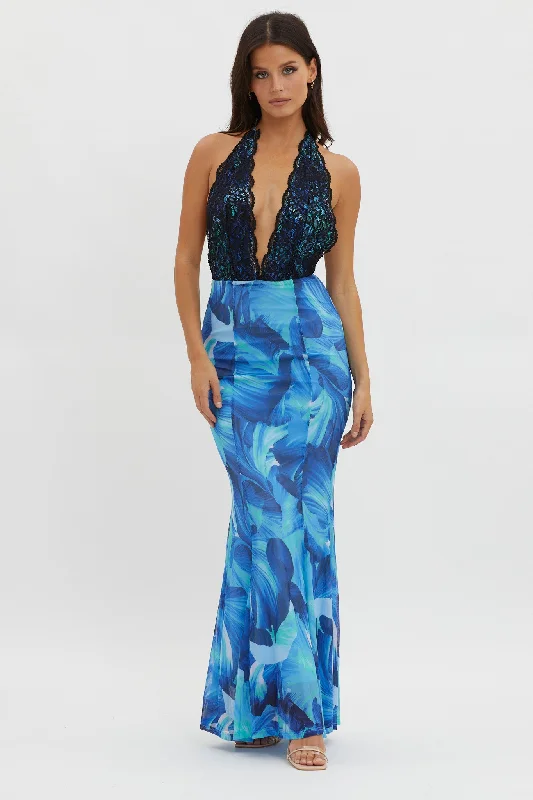 Mayah Lace Halterneck Maxi Dress Abstract Blue