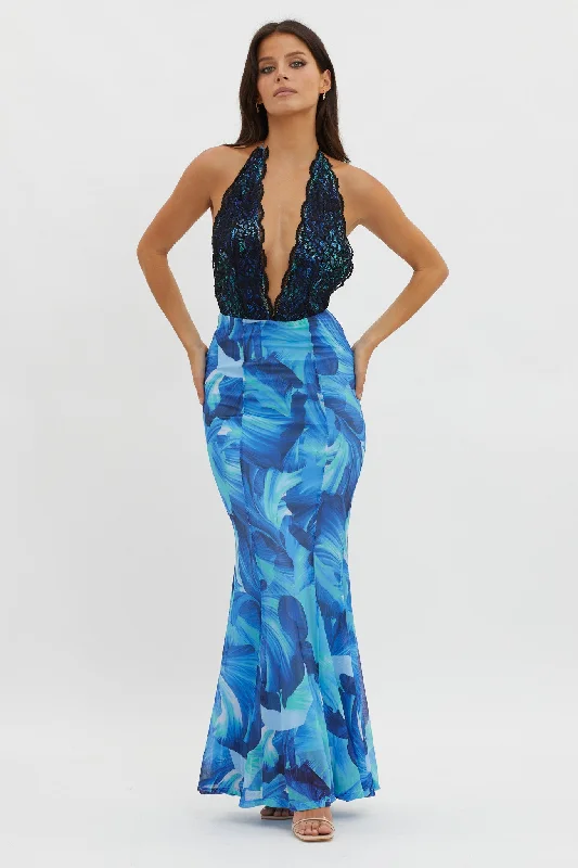 Mayah Lace Halterneck Maxi Dress Abstract Blue