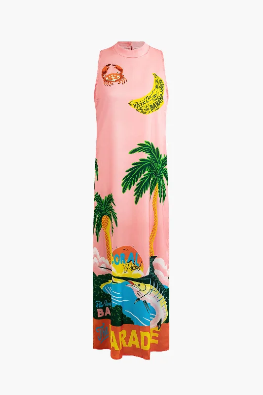 Tropical Print Sleeveless Maxi Dress