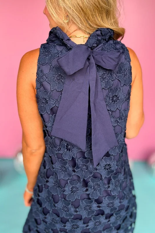 Navy Floral Lace High Neck Sleeveless Back Bow Dress