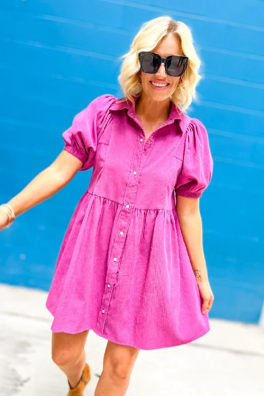 Purple Corduroy Puff Sleeve Collared Babydoll Dress