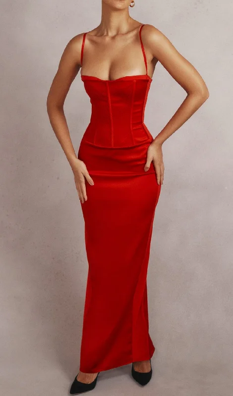 RED SATIN CORSET MAXI DRESS