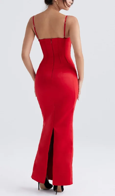 RED SATIN CORSET MAXI DRESS