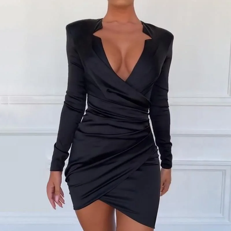 FashionSierra - Ruched Designed Long Sleeve Satin Dress Women Irregular Slim Black Bodycon Mini Dress Night Club Party Vestidos Mujer