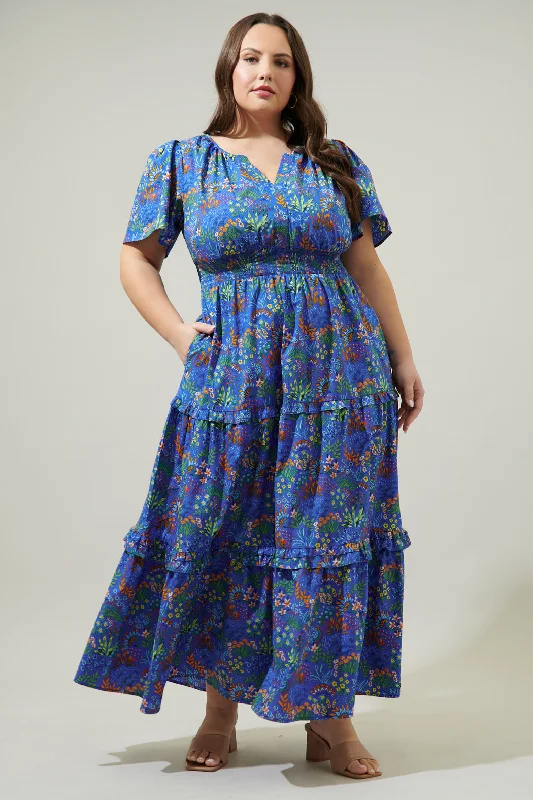 Ruya Floral Palmer Poplin Tiered Maxi Dress Curve