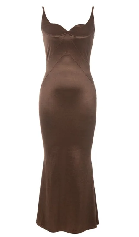 SATIN SPLIT MAXI DRESS IN BROWN