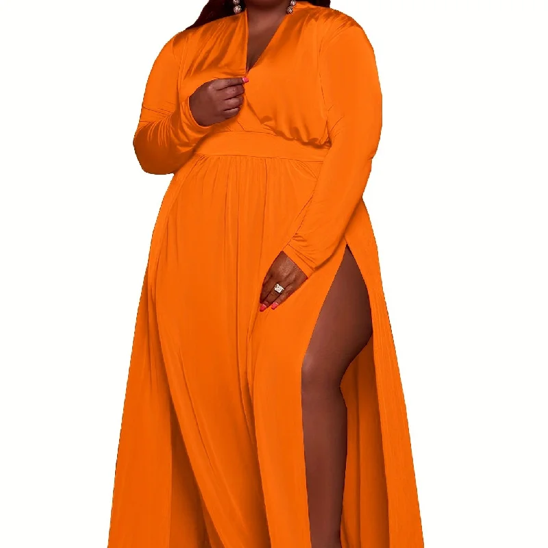 Sixsr Plus Size Sexy Dress, Women's Plus Solid Long Sleeve Surplice Neck High Split Slight Stretch Dress