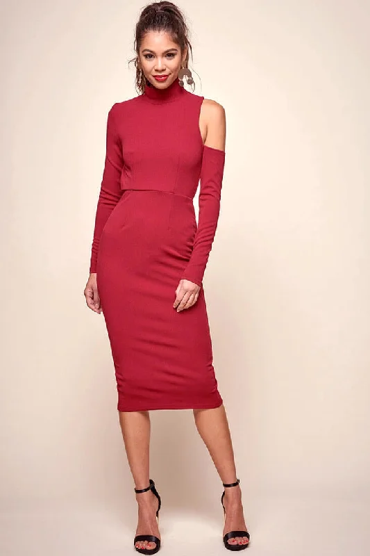 Sofie Asymmetrical cutout Turtle Neck Dress Red