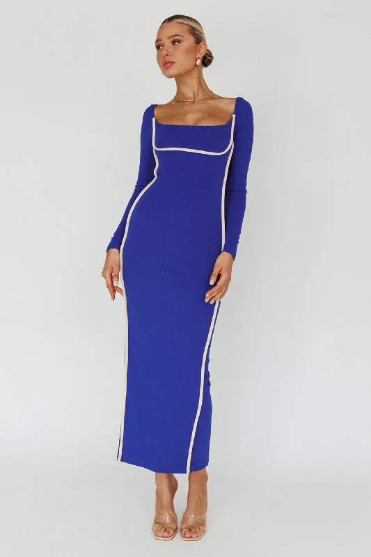 Sunny Coast Long Sleeve Piping Maxi Dress Blue