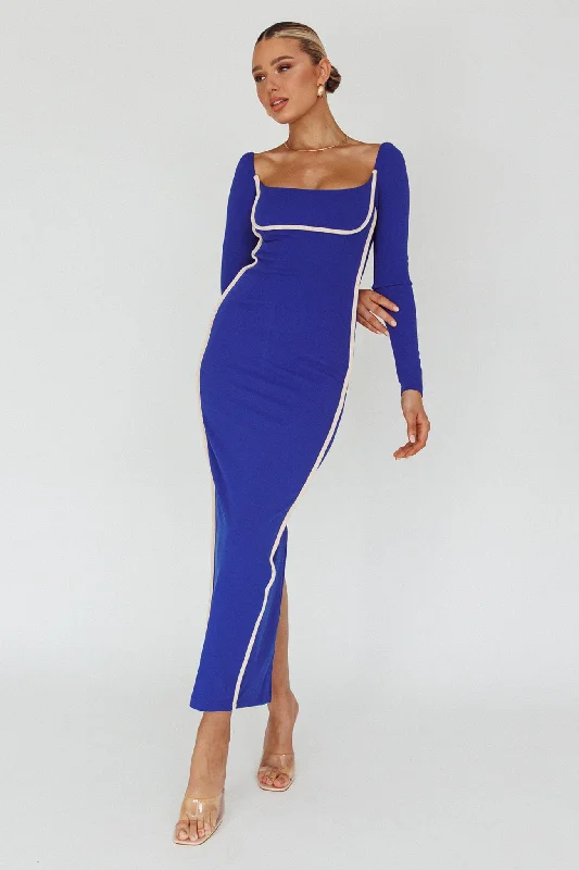 Sunny Coast Long Sleeve Piping Maxi Dress Blue