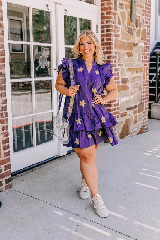 Under The Stadium Lights Ruffle Mini Dress in Purple Curves