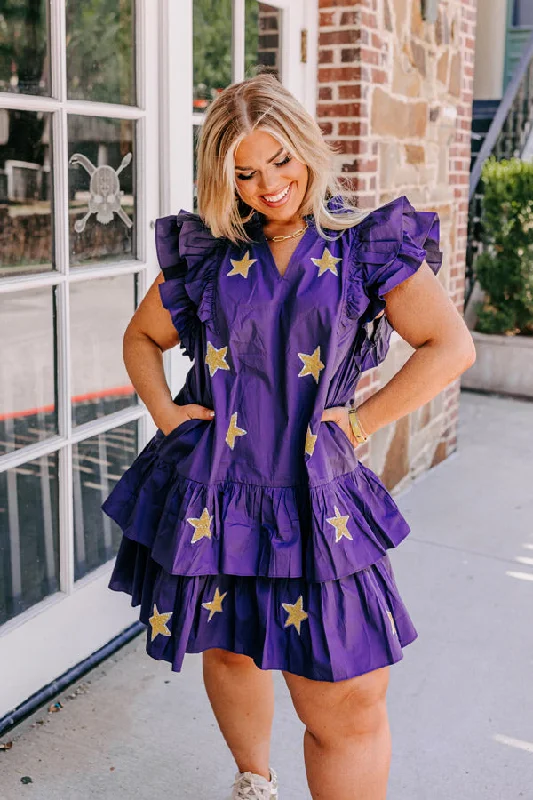 Under The Stadium Lights Ruffle Mini Dress in Purple Curves