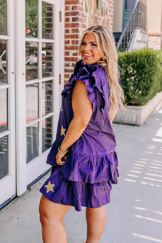 Under The Stadium Lights Ruffle Mini Dress in Purple Curves