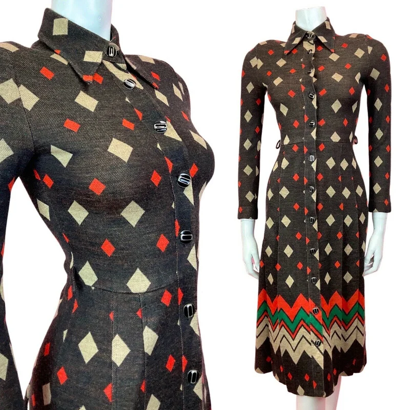 VINTAGE 60s 70s BLACK RED BEIGE DIAMOND GEOMETRIC DAGGER SHIRT DRESS 4