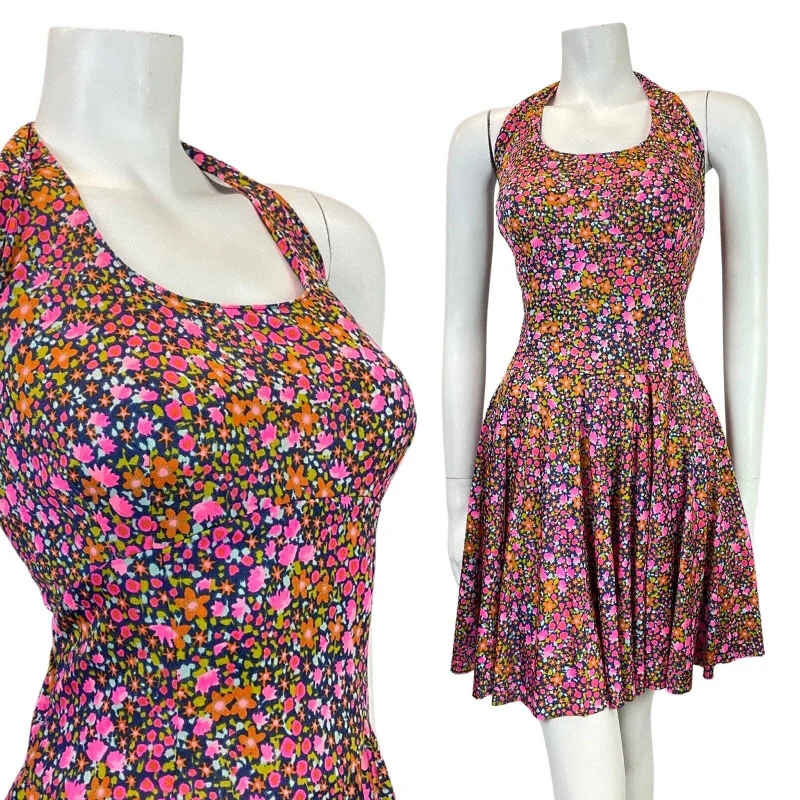 VINTAGE 60s 70s BLUE PINK GREEN DITSY FLOWER HALTER SUMMER SWING DRESS 8 10