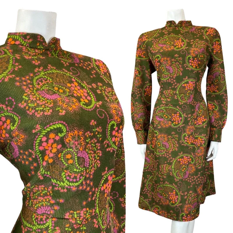 VINTAGE 60s 70s GREEN PINK ORANGE PAISLEY FLORAL PSYCHEDELIC FLARED DRESS 14