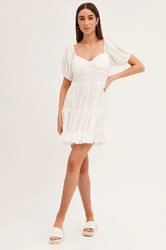 White Fit And Flare Dress Puff Sleeve Sweetheart Neck