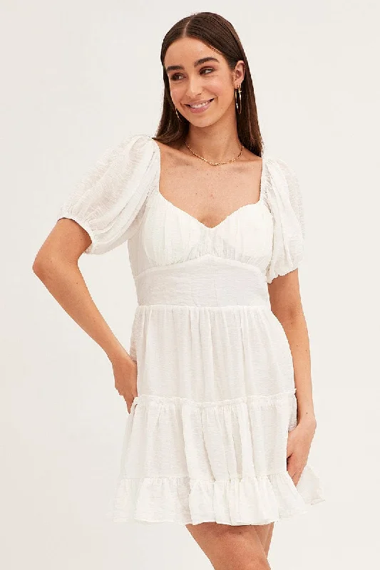 White Fit And Flare Dress Puff Sleeve Sweetheart Neck