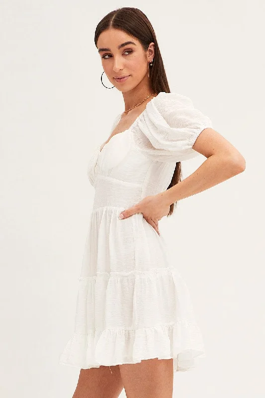 White Fit And Flare Dress Puff Sleeve Sweetheart Neck