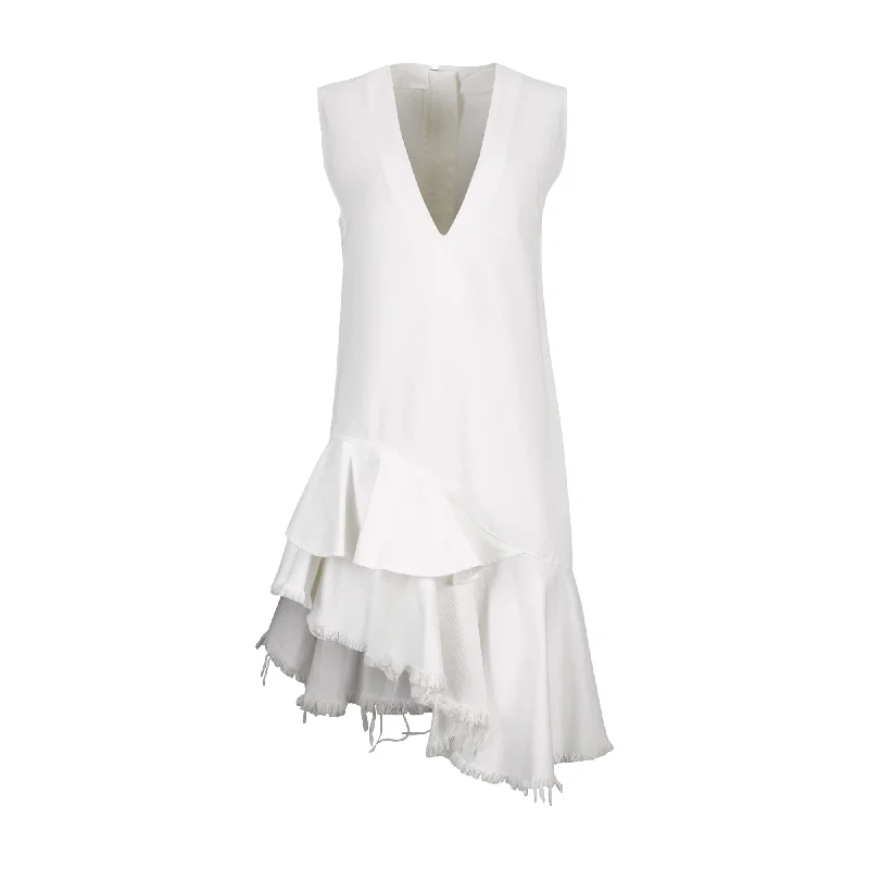 WHITE V-NECK FRILL DRESS