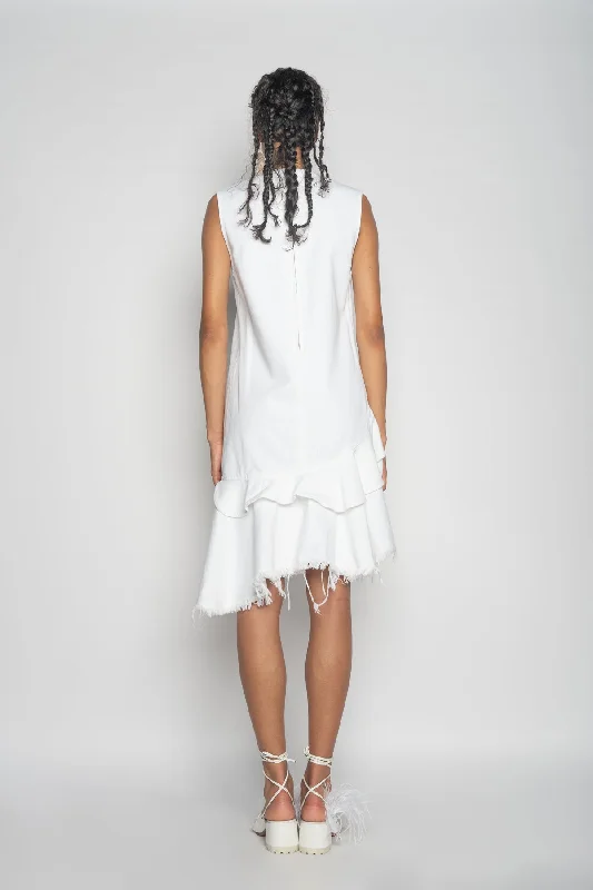 WHITE V-NECK FRILL DRESS