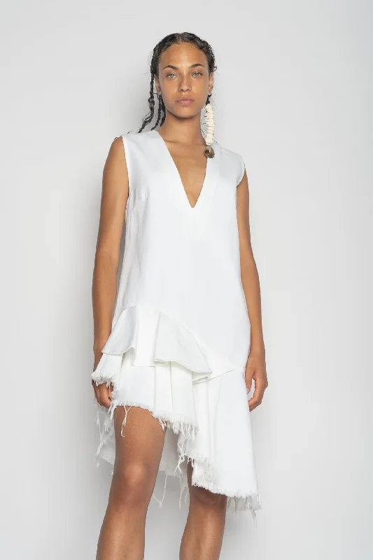 WHITE V-NECK FRILL DRESS