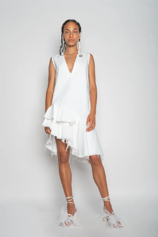 WHITE V-NECK FRILL DRESS