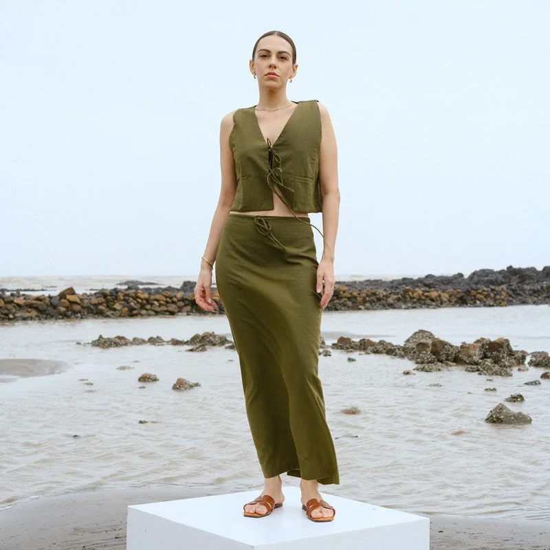 Linen Co Ord Set for Women | Top & Skirt | Olive Green