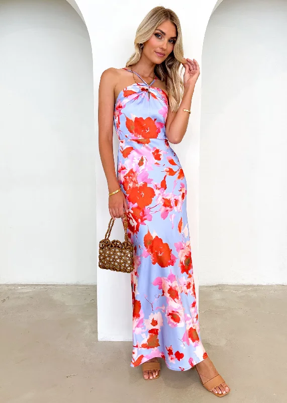 Wolcher Halter Maxi Dress - Blue Floral