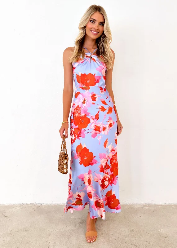 Wolcher Halter Maxi Dress - Blue Floral