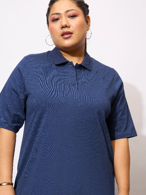 Women Navy Blue Polo Neck T Shirt Dress