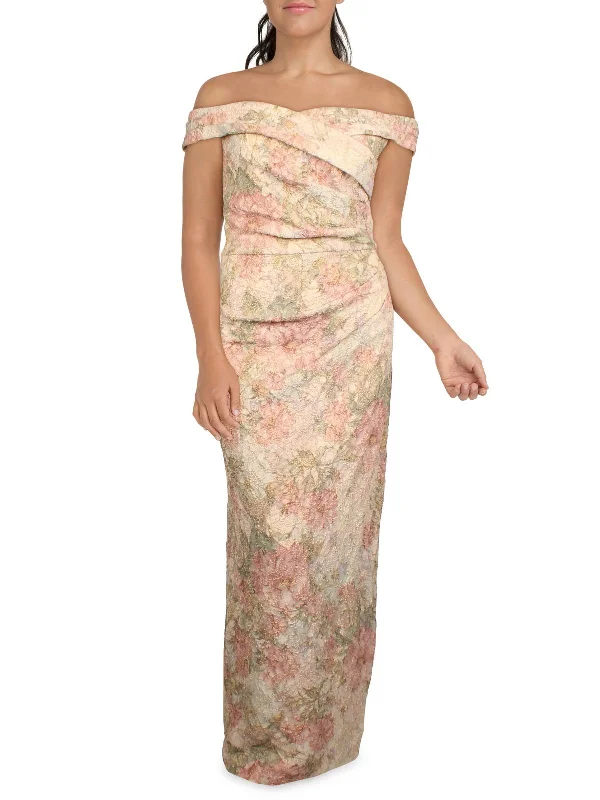 Womens Jacquard Off-The-Shoulder Evening Dress